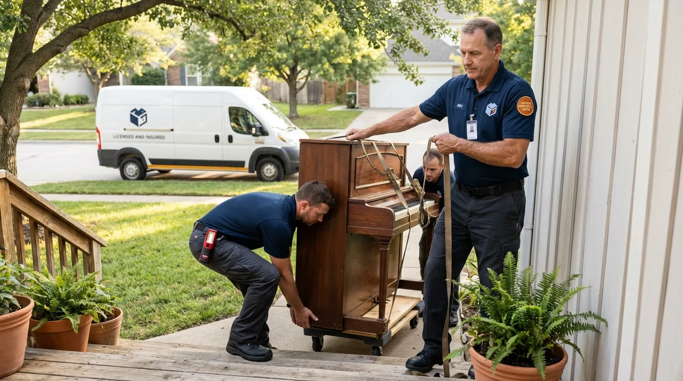 Licensed piano movers securing grand piano in White City, OR