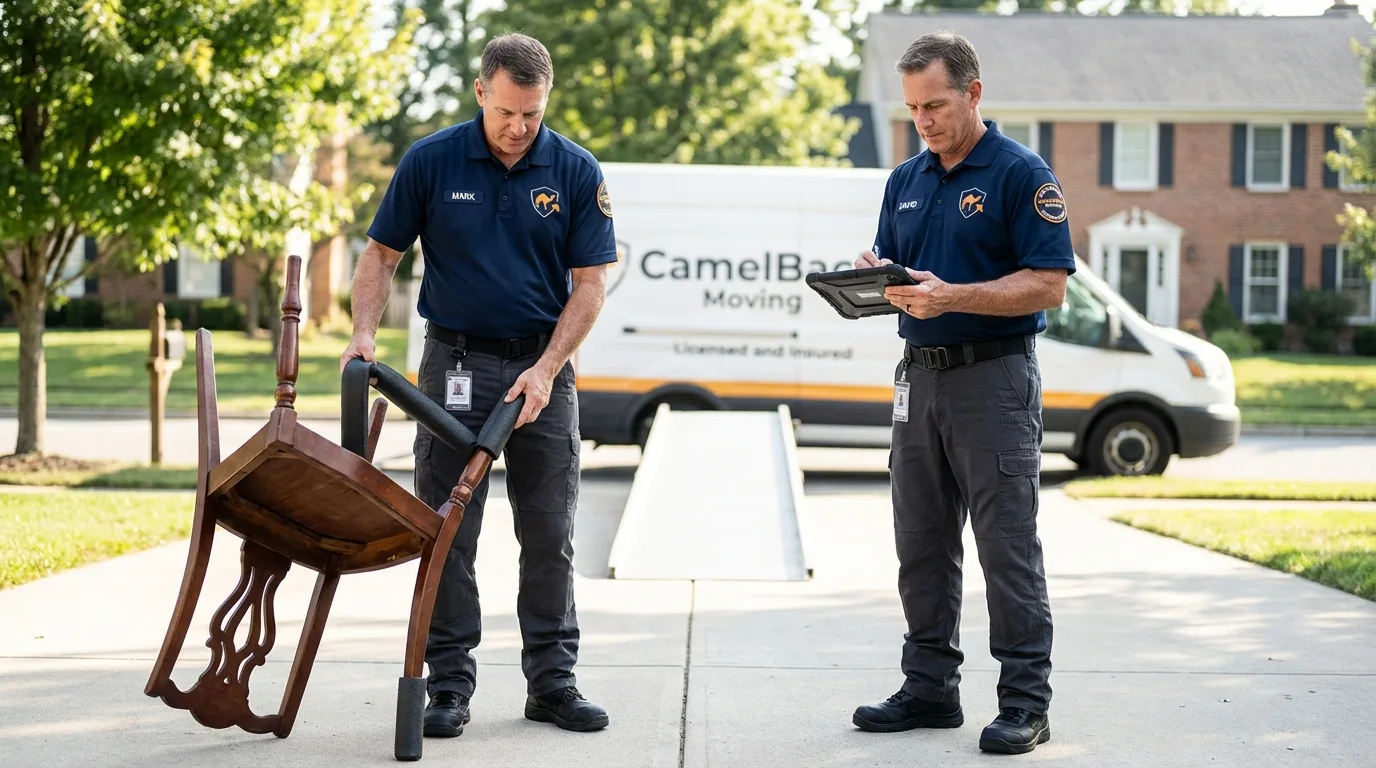 Movers inspecting furniture for damage prevention before loading in White City, OR