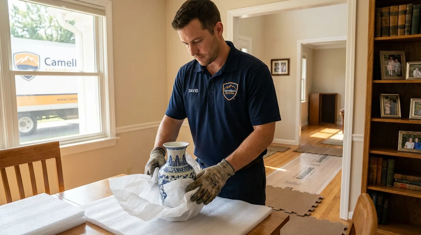 Professional crew carefully wrapping antique vase for senior downsizing move in White City, OR